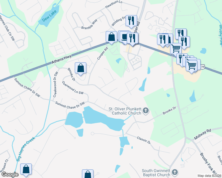 map of restaurants, bars, coffee shops, grocery stores, and more near 1251 Summit Links Ct in Snellville