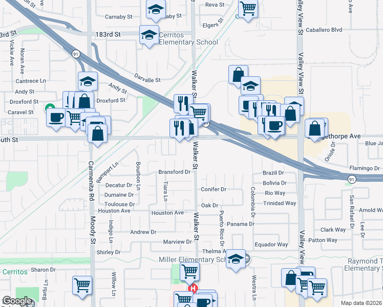 map of restaurants, bars, coffee shops, grocery stores, and more near 7061 Walker Street in La Palma