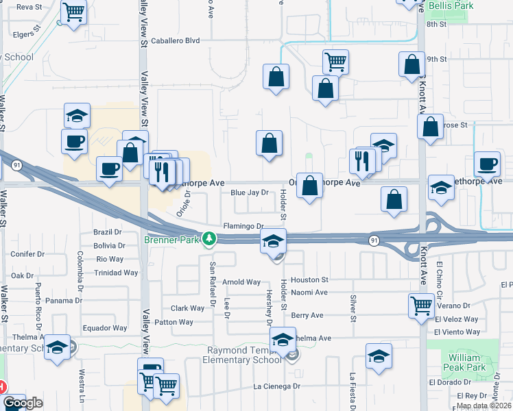 map of restaurants, bars, coffee shops, grocery stores, and more near 6437 Pheasant Circle in Buena Park