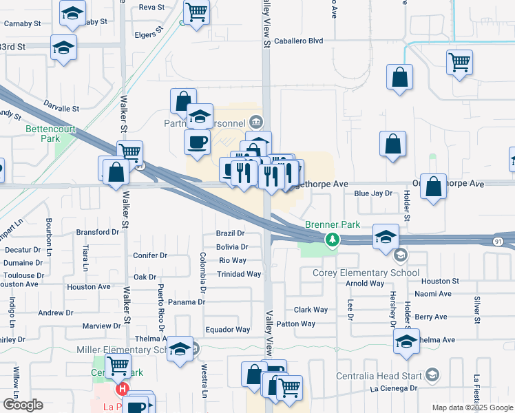 map of restaurants, bars, coffee shops, grocery stores, and more near 7051 Valley View Street in Buena Park