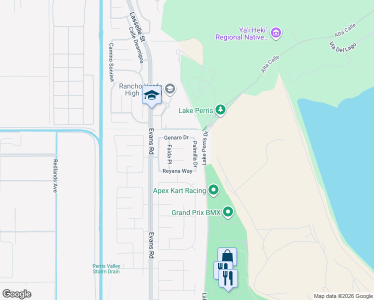 map of restaurants, bars, coffee shops, grocery stores, and more near 876 Santona Court in Perris