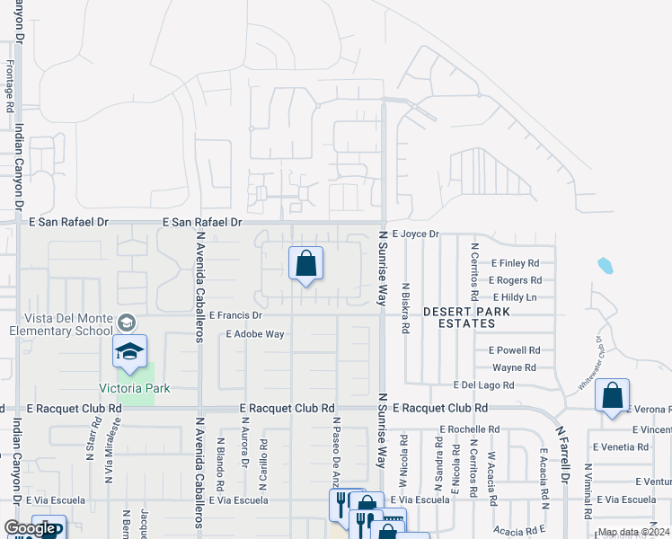 map of restaurants, bars, coffee shops, grocery stores, and more near 1323 Sunflower Circle North in Palm Springs