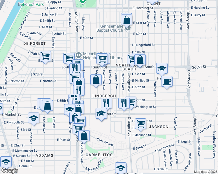 map of restaurants, bars, coffee shops, grocery stores, and more near 5575 Lewis Avenue in Long Beach