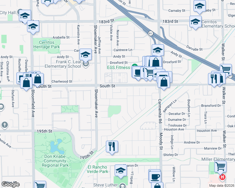 map of restaurants, bars, coffee shops, grocery stores, and more near 19012 Fikse Lane in Cerritos
