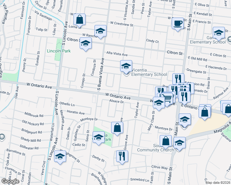 map of restaurants, bars, coffee shops, grocery stores, and more near 817 West Ontario Avenue in Corona