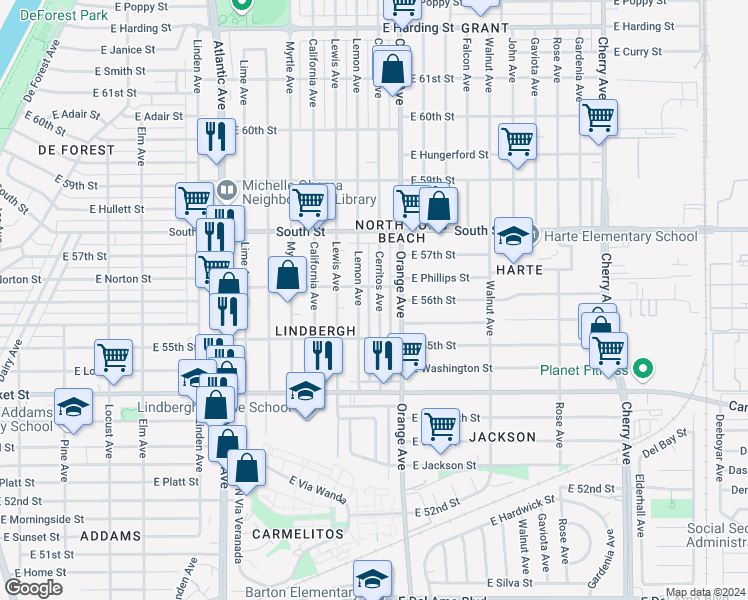 map of restaurants, bars, coffee shops, grocery stores, and more near 5575 Cerritos Avenue in Long Beach