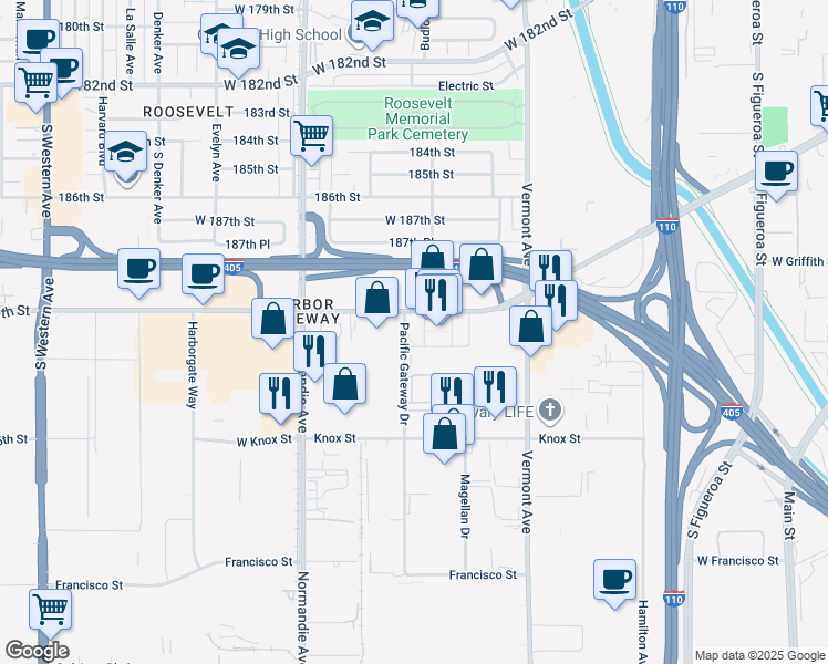 map of restaurants, bars, coffee shops, grocery stores, and more near 990 West 190th Street in Torrance