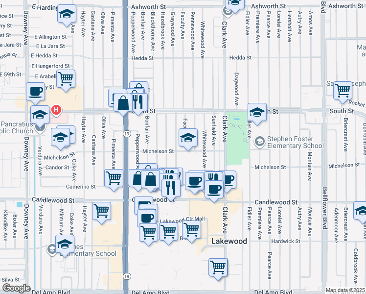 map of restaurants, bars, coffee shops, grocery stores, and more near 5609 Faculty Avenue in Lakewood