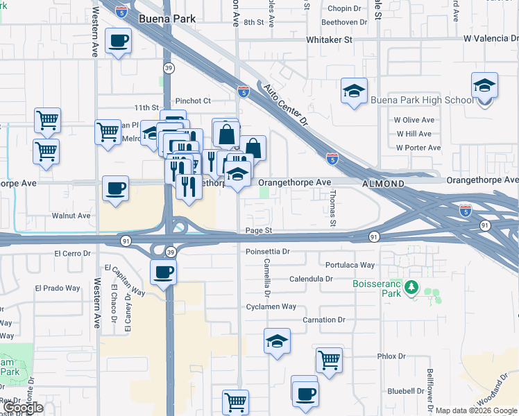 map of restaurants, bars, coffee shops, grocery stores, and more near 8020 Ackerman Street in Buena Park