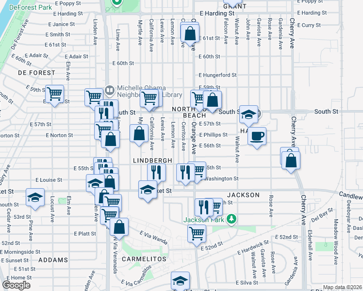 map of restaurants, bars, coffee shops, grocery stores, and more near 5575 Cerritos Avenue in Long Beach