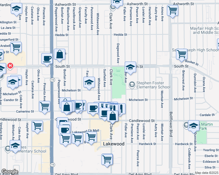 map of restaurants, bars, coffee shops, grocery stores, and more near 5619 Clark Avenue in Lakewood