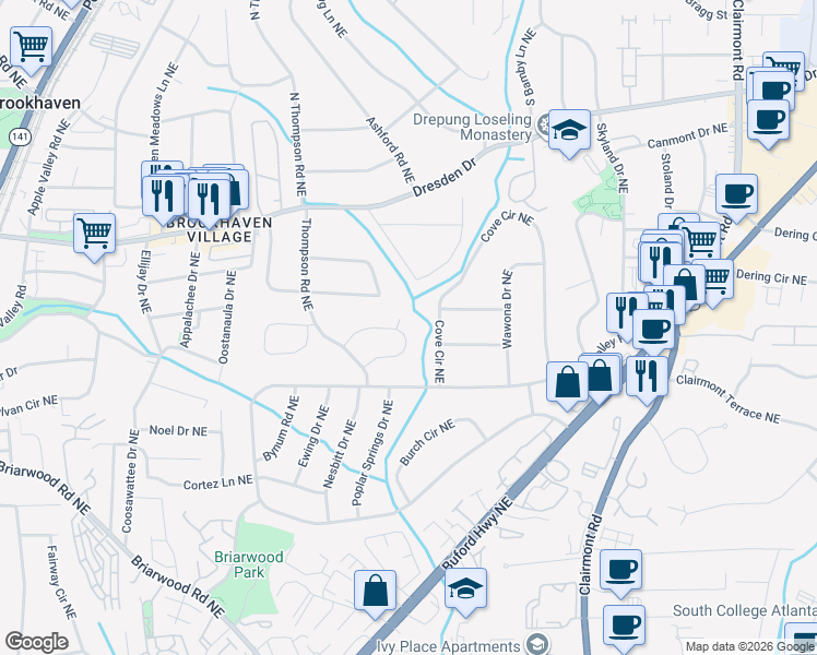 map of restaurants, bars, coffee shops, grocery stores, and more near 1620 Fearn Circle Northeast in Atlanta