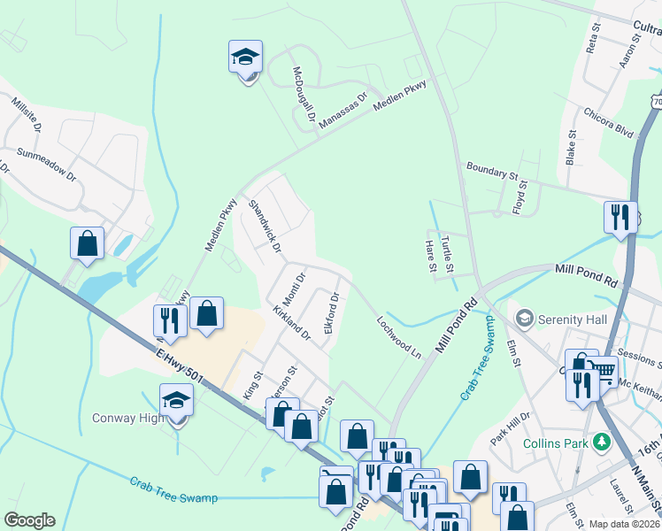 map of restaurants, bars, coffee shops, grocery stores, and more near 1217 Lochwood Lane in Conway