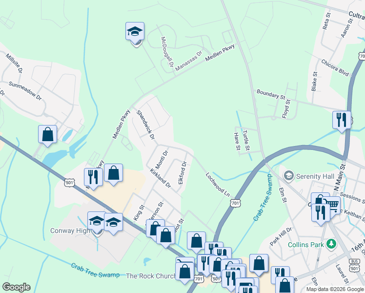 map of restaurants, bars, coffee shops, grocery stores, and more near 1217 Lochwood Lane in Conway
