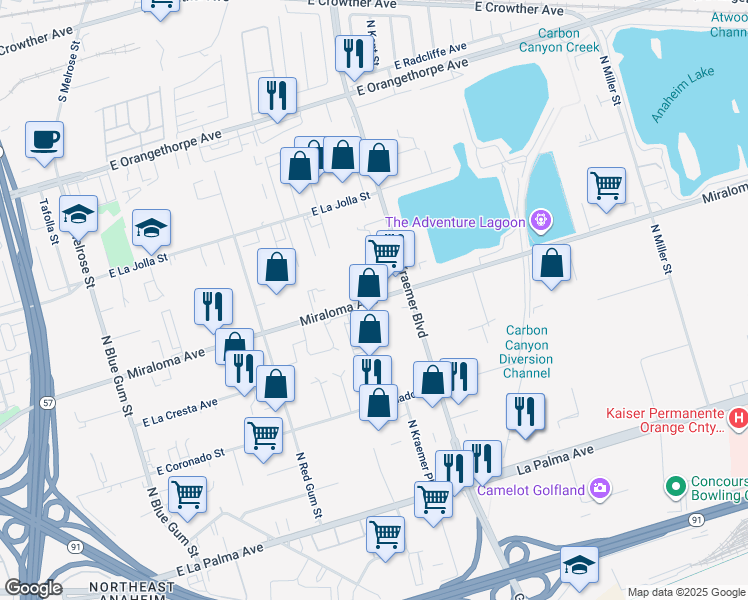 map of restaurants, bars, coffee shops, grocery stores, and more near 3071 East Miraloma Avenue in Anaheim