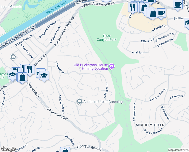map of restaurants, bars, coffee shops, grocery stores, and more near 309 South Penny Lane in Anaheim