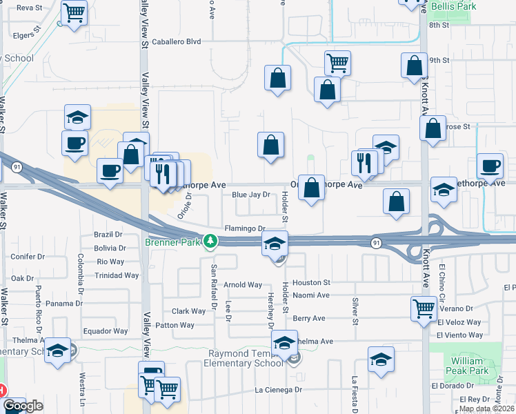 map of restaurants, bars, coffee shops, grocery stores, and more near 6437 Pheasant Circle in Buena Park
