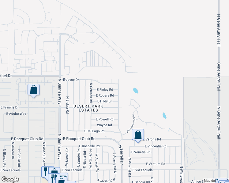 map of restaurants, bars, coffee shops, grocery stores, and more near 2477 East Finley Road in Palm Springs