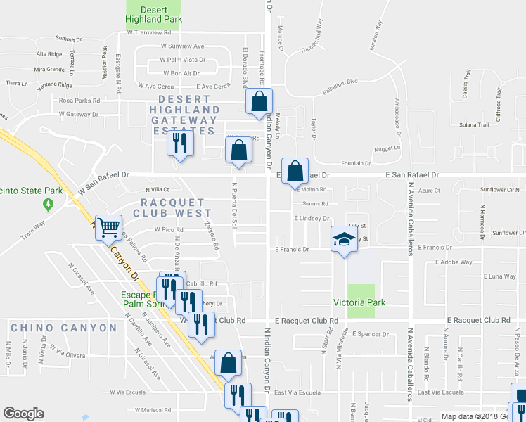 map of restaurants, bars, coffee shops, grocery stores, and more near 3131 North Indian Canyon Drive in Palm Springs