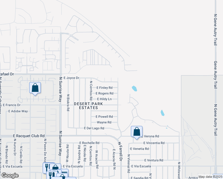map of restaurants, bars, coffee shops, grocery stores, and more near 2326 East Finley Road in Palm Springs