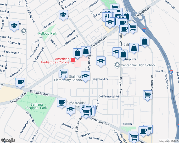 map of restaurants, bars, coffee shops, grocery stores, and more near Fullerton Avenue in Corona