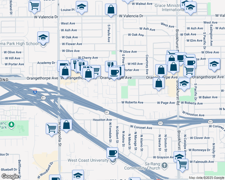 map of restaurants, bars, coffee shops, grocery stores, and more near 2369 Iris Court in Fullerton