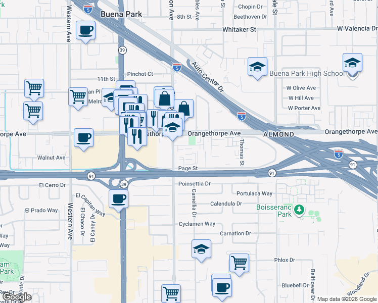 map of restaurants, bars, coffee shops, grocery stores, and more near 8020 Ackerman Street in Buena Park