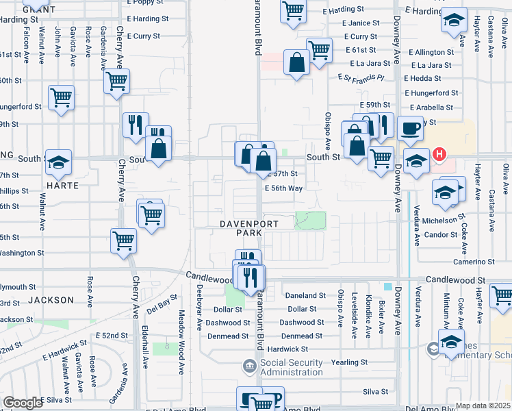 map of restaurants, bars, coffee shops, grocery stores, and more near 5600 Paramount Boulevard in Long Beach