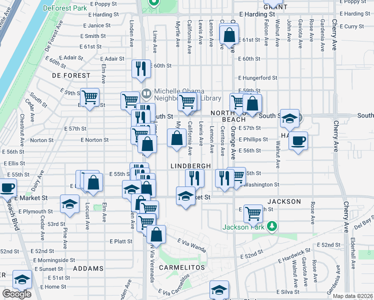 map of restaurants, bars, coffee shops, grocery stores, and more near 5597 Myrtle Avenue in Long Beach