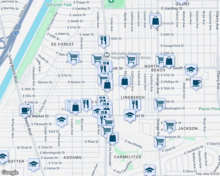 map of restaurants, bars, coffee shops, grocery stores, and more near 56 East 56th Street in Long Beach