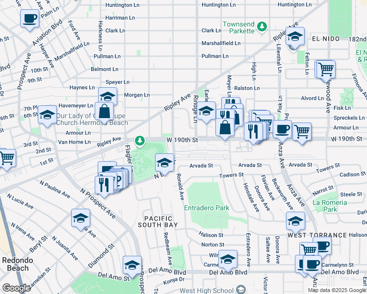 map of restaurants, bars, coffee shops, grocery stores, and more near 5550 190th Street in Torrance