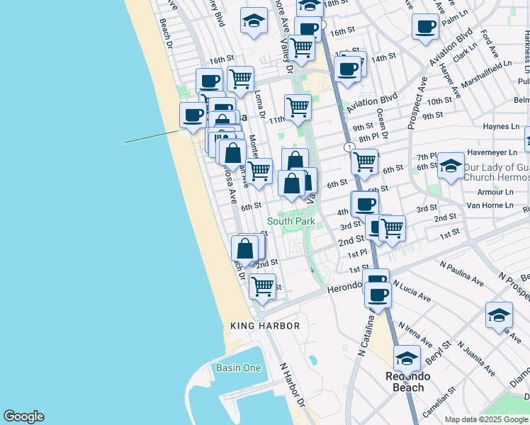 map of restaurants, bars, coffee shops, grocery stores, and more near 312 6th Street in Hermosa Beach