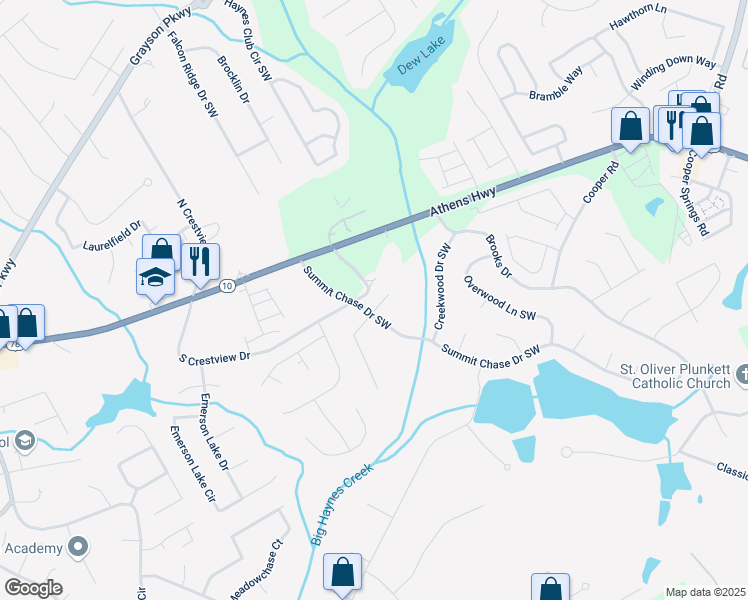 map of restaurants, bars, coffee shops, grocery stores, and more near 2875 Riverbend Court in Snellville