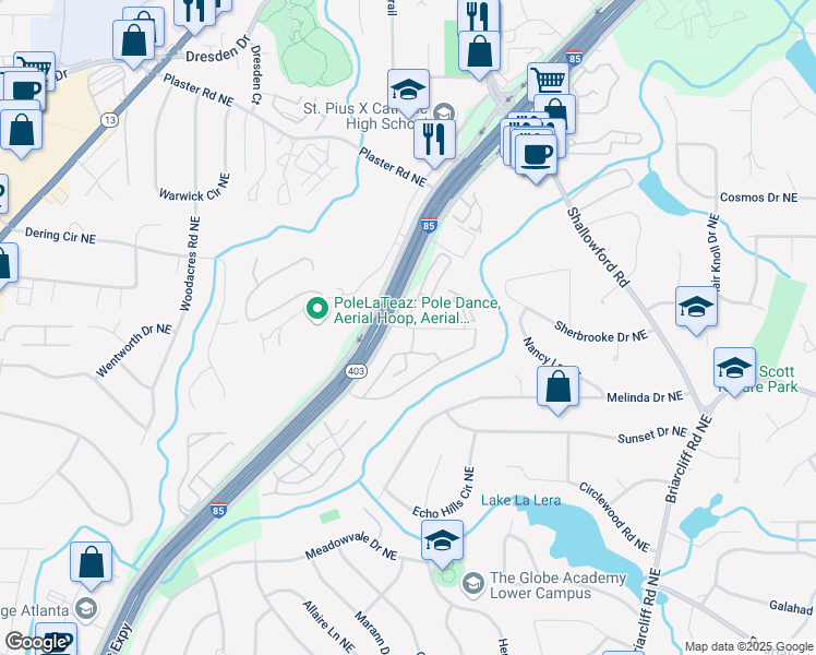 map of restaurants, bars, coffee shops, grocery stores, and more near 2350 Peachwood Circle Northeast in Atlanta