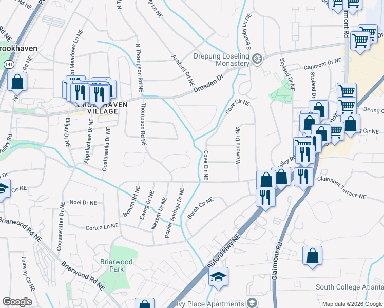 map of restaurants, bars, coffee shops, grocery stores, and more near 1620 Fearn Circle Northeast in Atlanta