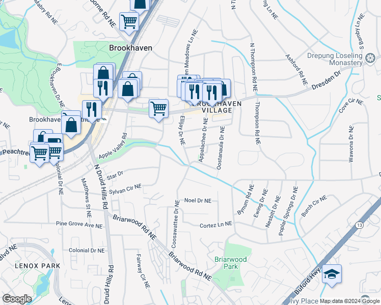 map of restaurants, bars, coffee shops, grocery stores, and more near 1401 Etowah Drive Northeast in Atlanta