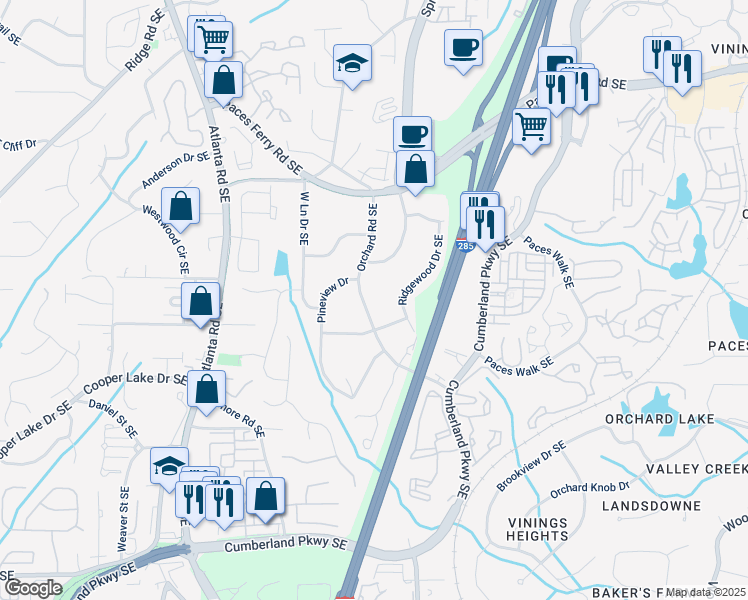 map of restaurants, bars, coffee shops, grocery stores, and more near 3925 Orchard Road Southeast in Smyrna