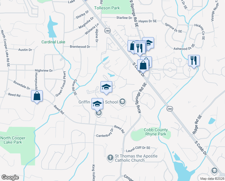 map of restaurants, bars, coffee shops, grocery stores, and more near 1002 Bridge Lane in Smyrna