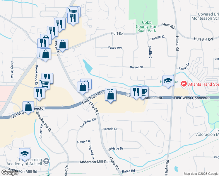map of restaurants, bars, coffee shops, grocery stores, and more near 967 Peel Castle Lane in Austell