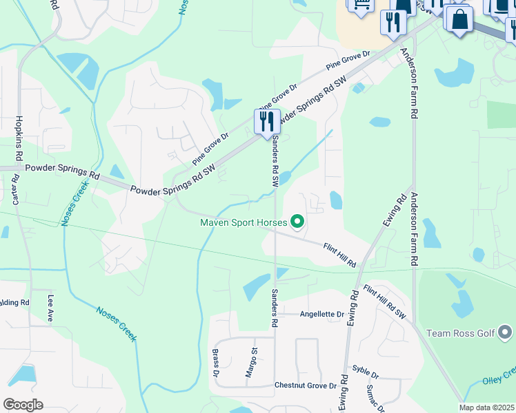 map of restaurants, bars, coffee shops, grocery stores, and more near 3989 Flint Hill Road in Powder Springs