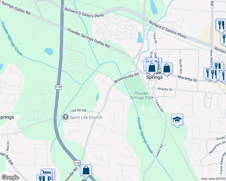 map of restaurants, bars, coffee shops, grocery stores, and more near 4103 Brownsville Road in Powder Springs