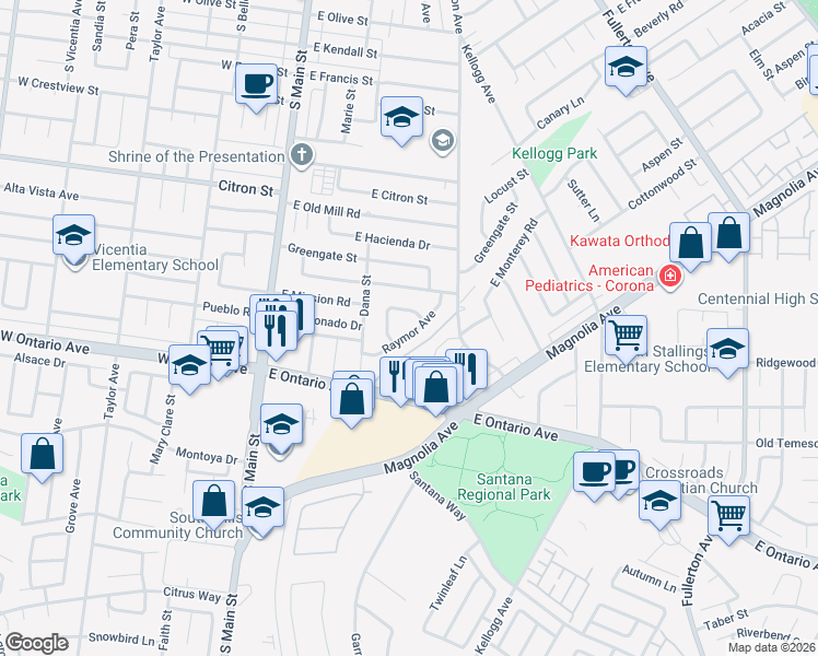 map of restaurants, bars, coffee shops, grocery stores, and more near 414 East Mission Place in Corona