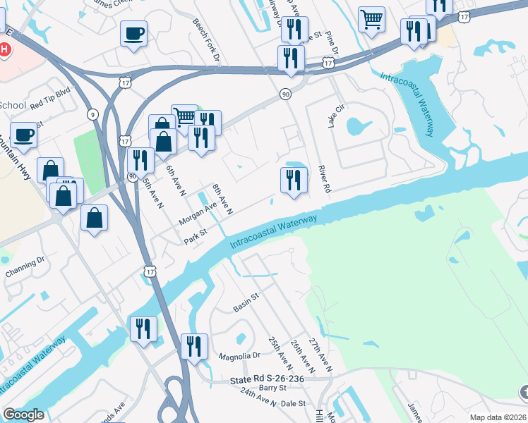 map of restaurants, bars, coffee shops, grocery stores, and more near 312 Park Street in Little River