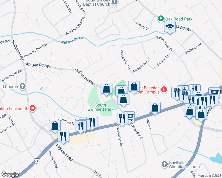 map of restaurants, bars, coffee shops, grocery stores, and more near 1990 Sterling Creek Court in Snellville