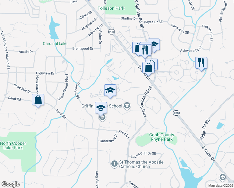 map of restaurants, bars, coffee shops, grocery stores, and more near 203 Bridge Lane in Smyrna