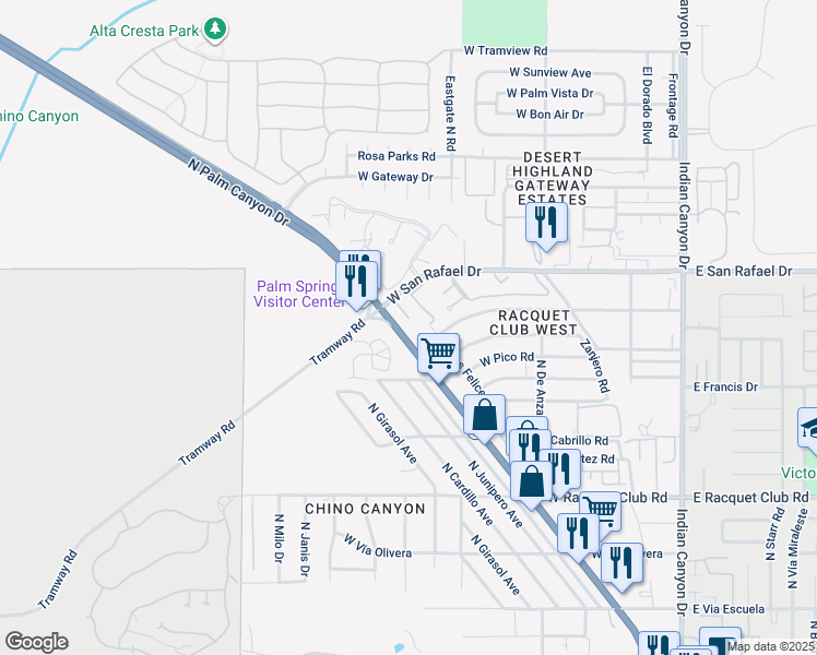 map of restaurants, bars, coffee shops, grocery stores, and more near 2875 North Los Felices Road in Palm Springs