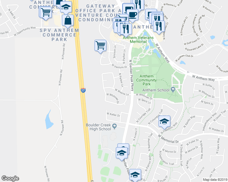 map of restaurants, bars, coffee shops, grocery stores, and more near 3737 W Wayne Ln in Anthem