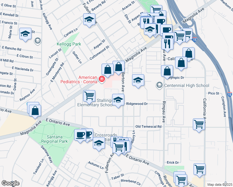 map of restaurants, bars, coffee shops, grocery stores, and more near 1910 Fullerton Avenue in Corona