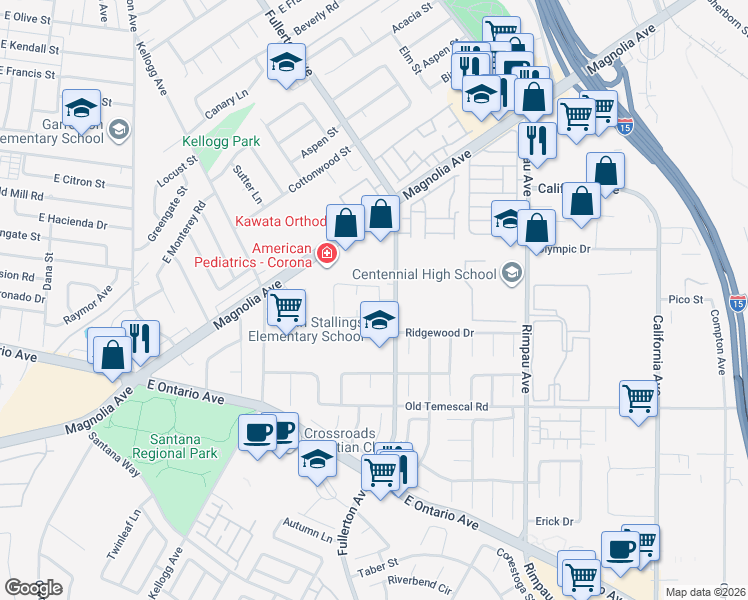 map of restaurants, bars, coffee shops, grocery stores, and more near 1910 Fullerton Avenue in Corona