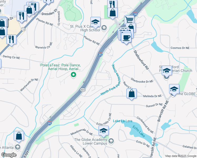 map of restaurants, bars, coffee shops, grocery stores, and more near 2350 Peachwood Circle Northeast in Atlanta